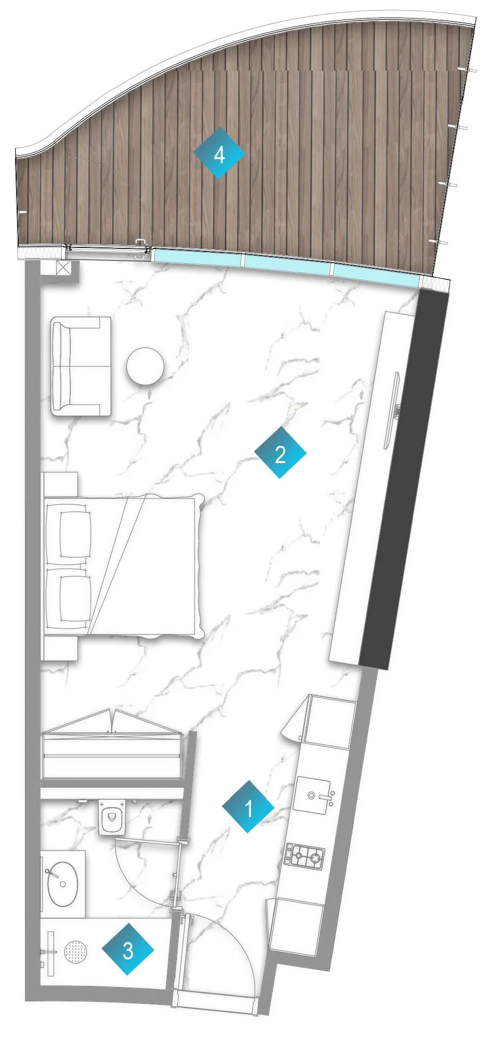 Aqua Arc Studio floor plan, 641 sqft