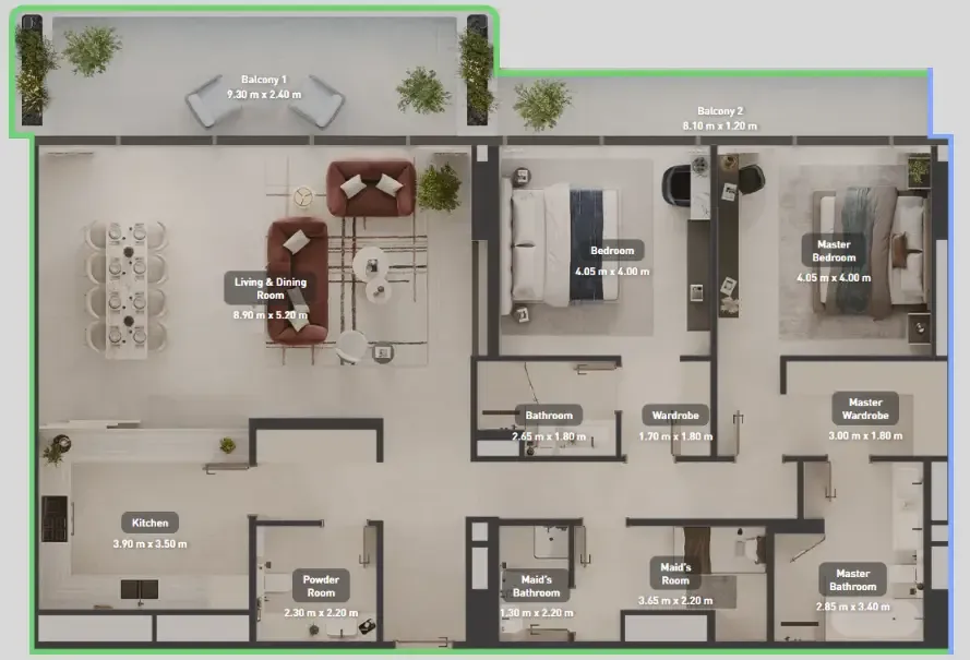 Luluat Marina at Luluat Al Raha 2 bed floor plan, 2,039 sqft