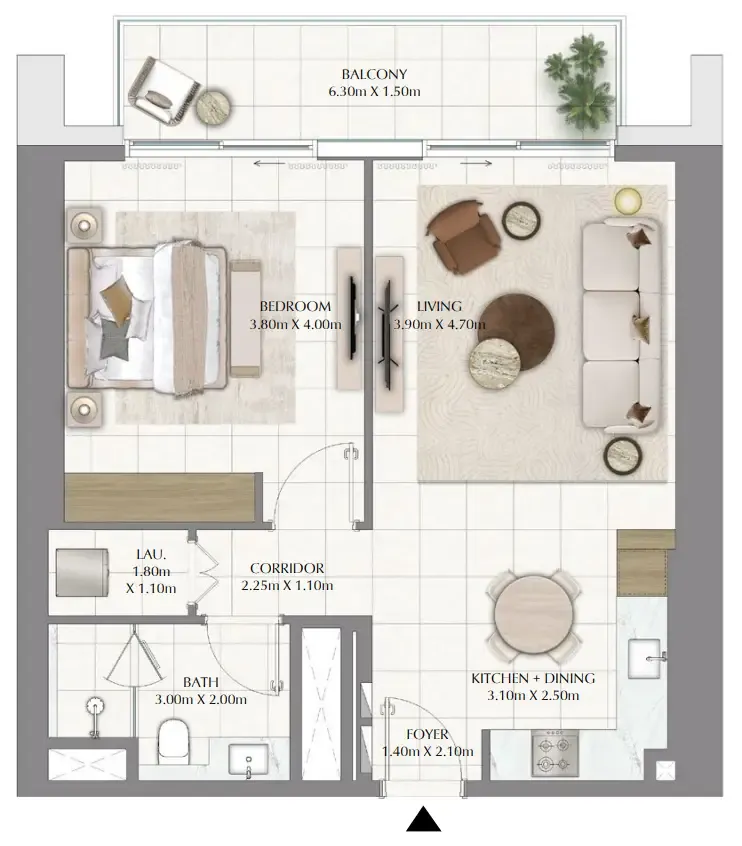 Valia 1 bed floor plan, 821 sqft