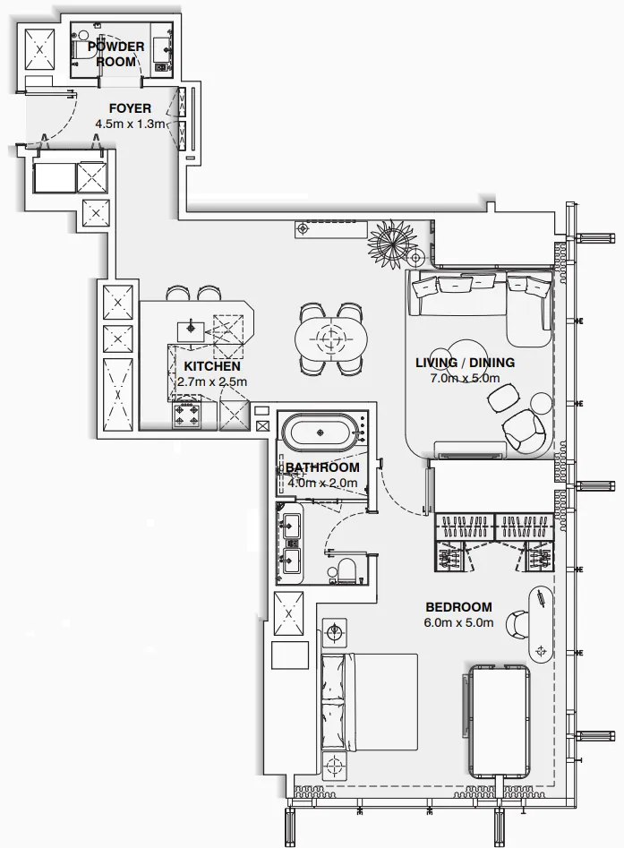 Burj Azizi 1 bed floor plan, 1,067 sqft