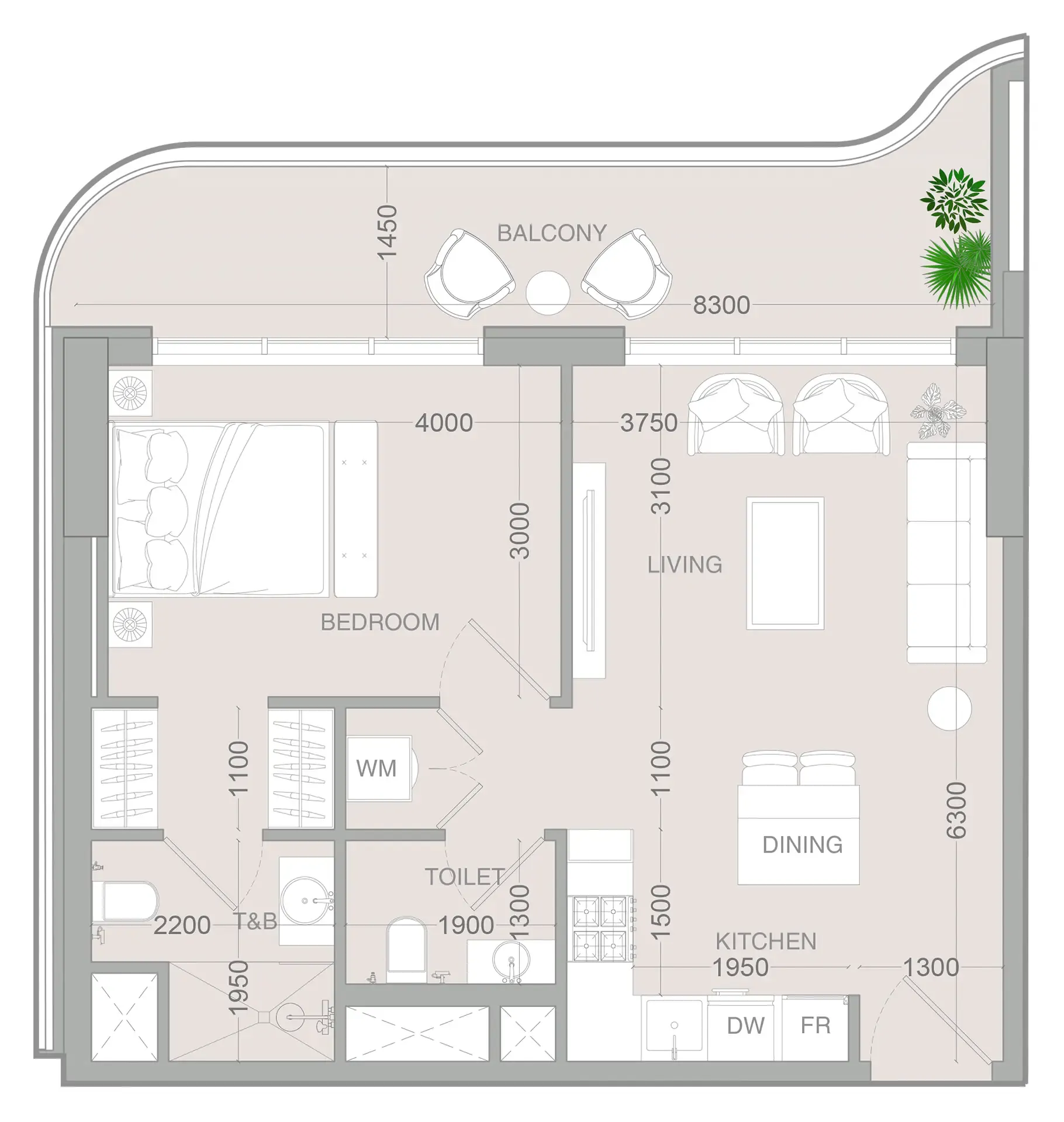 ALTA V1EW 1 bed floor plan, 722 sqft