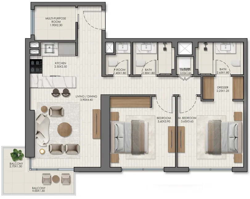 Belmont 2 bed floor plan, 1,016 – 1,055 sqft