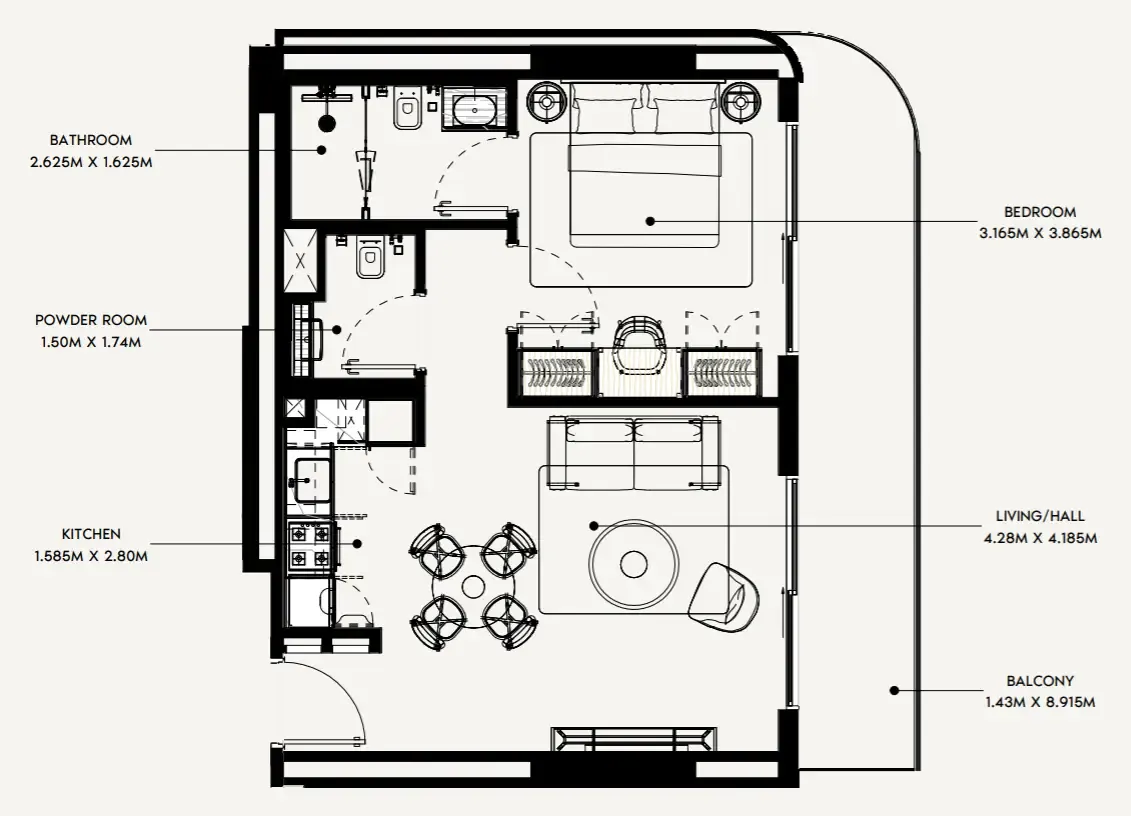 Azizi Rose 1 bed floor plan, 728 sqft