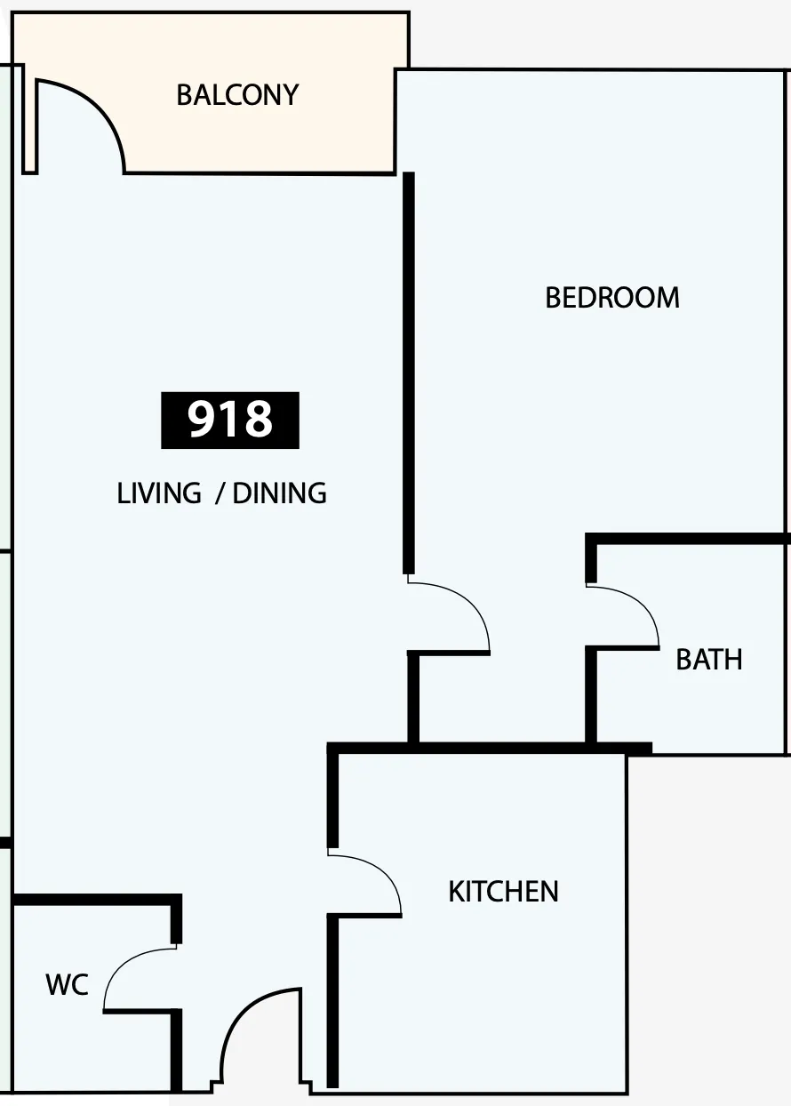 Paradise View 1 1 bed floor plan, 818 sqft