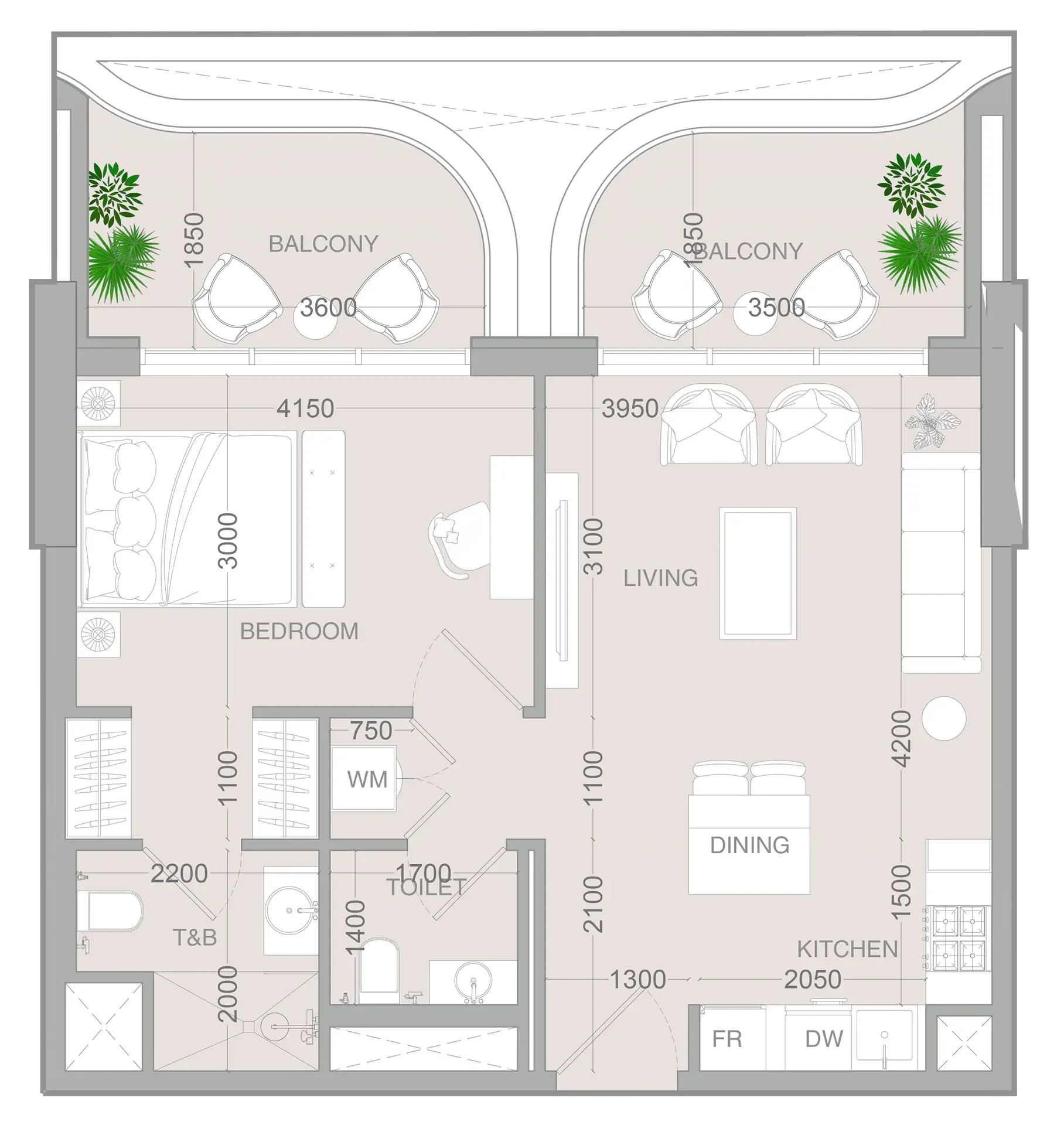 ALTA V1EW 1 bed floor plan, 736 sqft