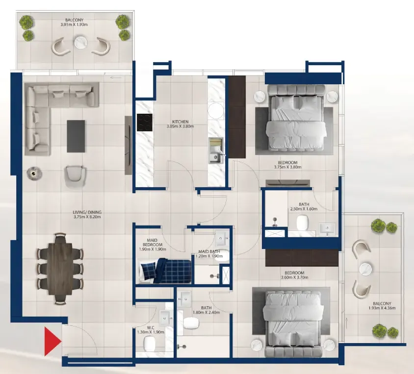 Al Vista 2 bed floor plan, 1,304 sqft
