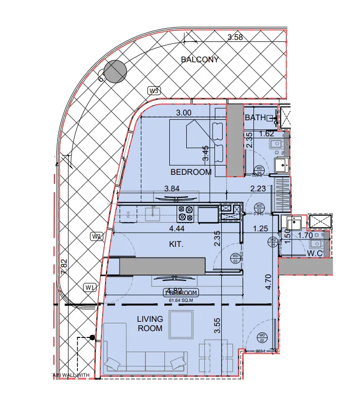 Binghatti Skyhall 1 bed floor plan, 994 sqft