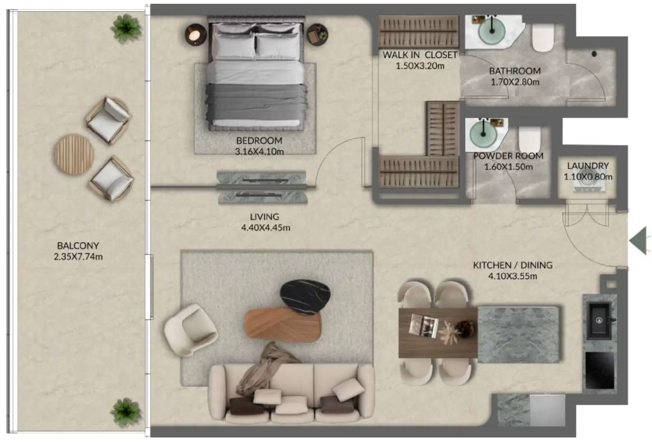 Palazzo Tissoli 1 bed floor plan, 942 sqft