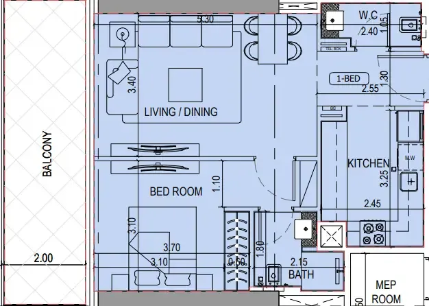 Binghatti Sky Terraces 1 bed floor plan, 751 sqft