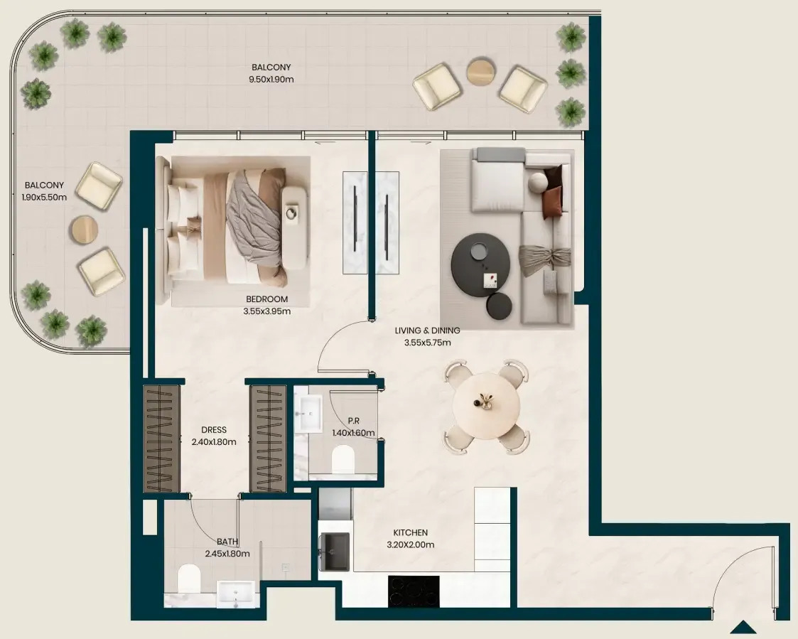 Kyomi Residences 1 bed floor plan, 973 sqft