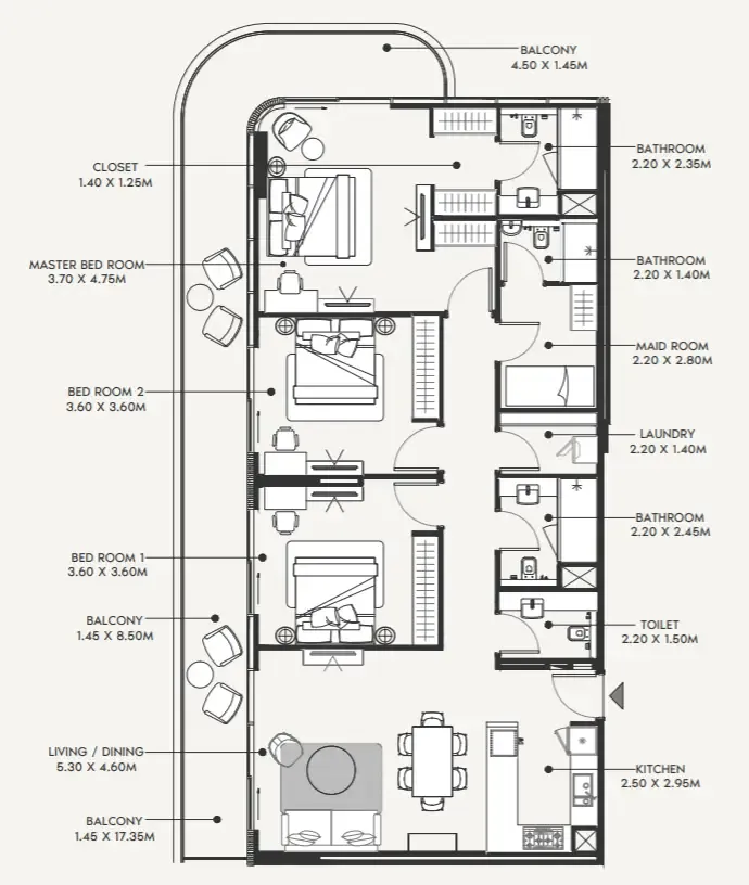 Azizi Amir 3 bed floor plan, 1,845 sqft