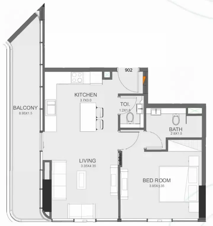 Floarea Oasis 1 bed floor plan, 763 sqft