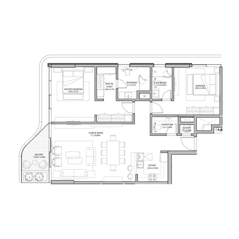 The Blue Beach Residence 2 bed floor plan, 1,521 sqft