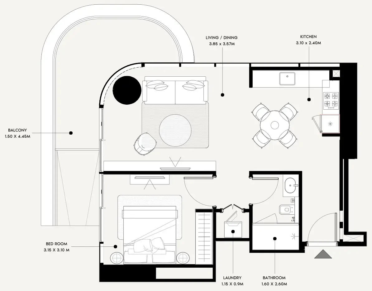 Azizi Milan 1 bed floor plan, 718 sqft