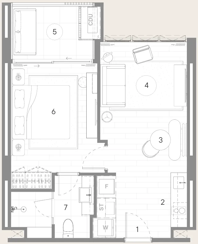 Sudara 1 bed floor plan, 560 sqft
