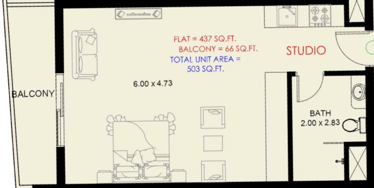 Astra South Studio floor plan, 479 sqft