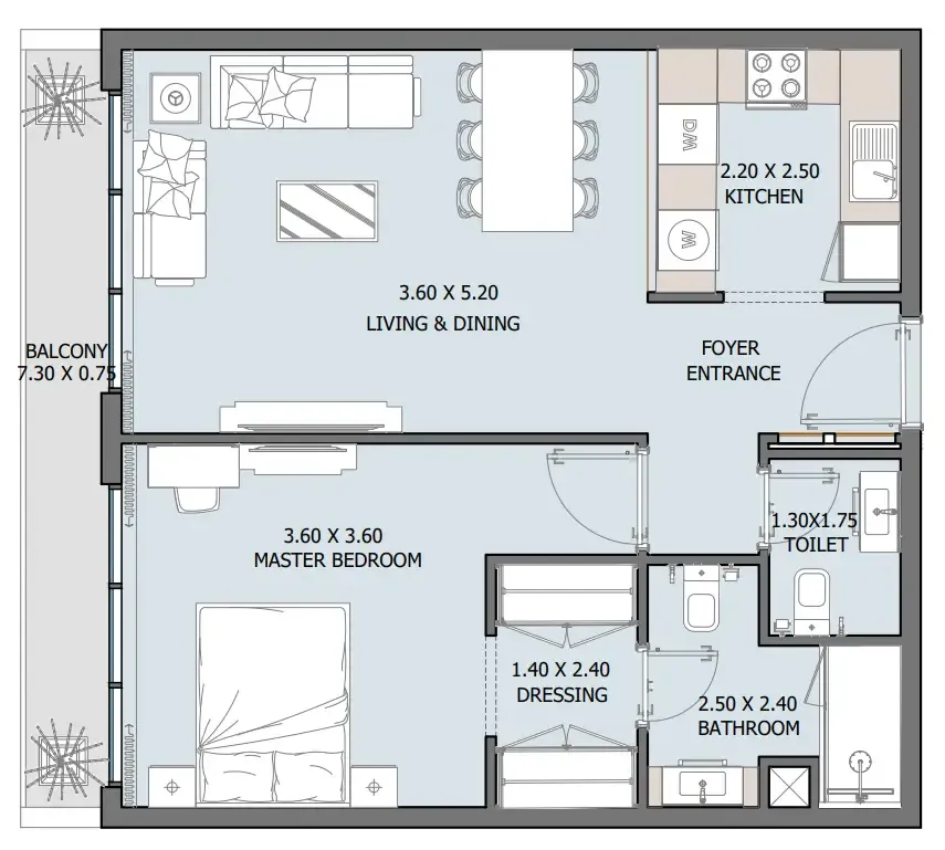 Oceana 1 bed floor plan, 708 sqft