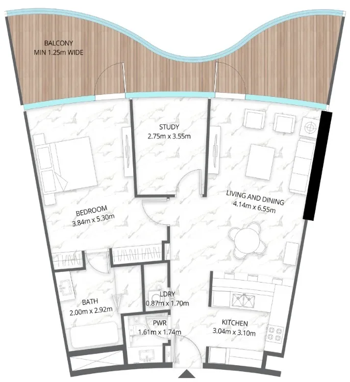 Aqua Arc 1 bed floor plan, 1,285 sqft