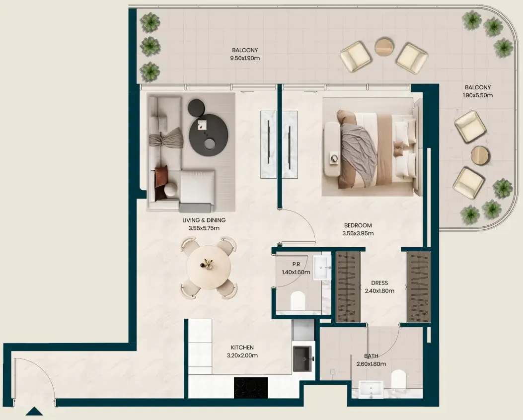 Kyomi Residences 1 bed floor plan, 972 sqft