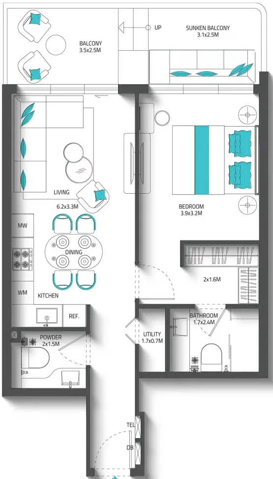 Reef 996 1 bed floor plan, 809 sqft