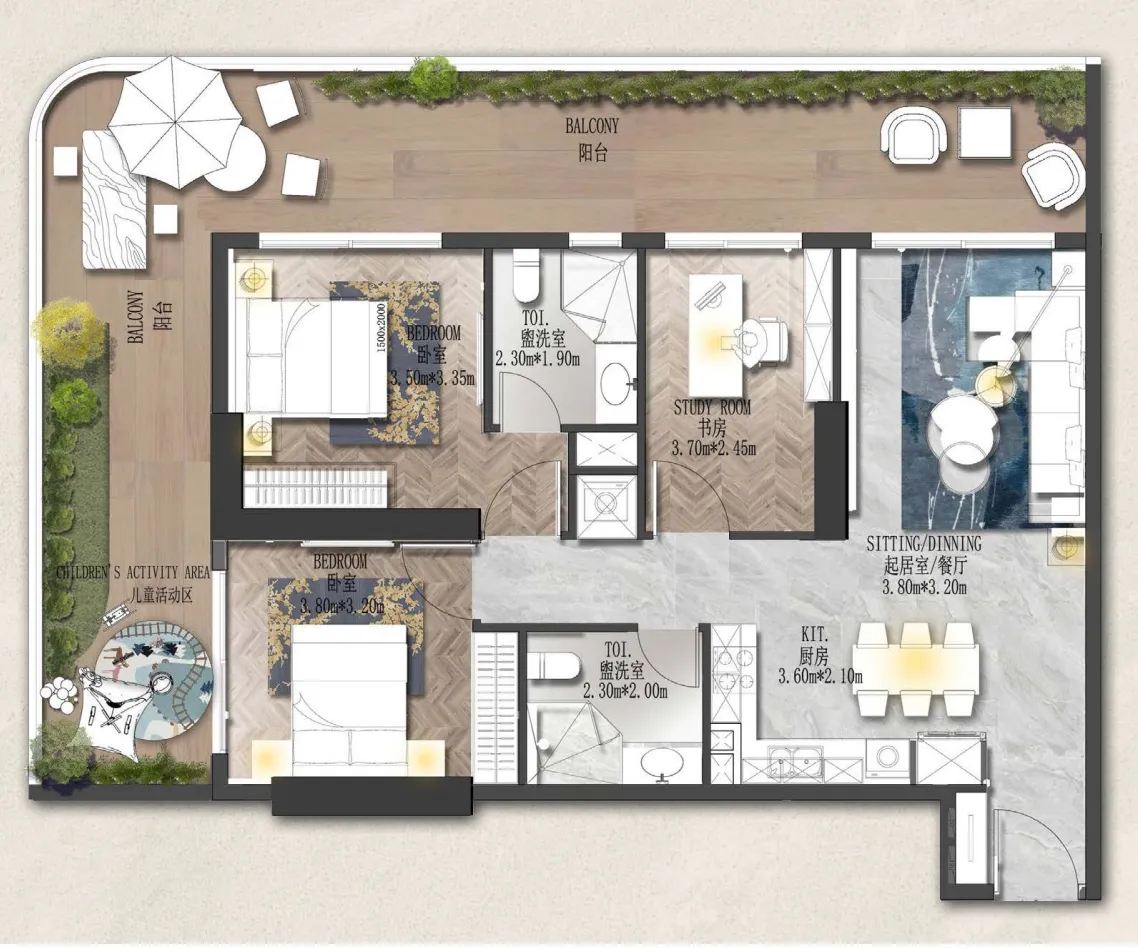 Forest City 2 2 bed floor plan, 1,418 sqft