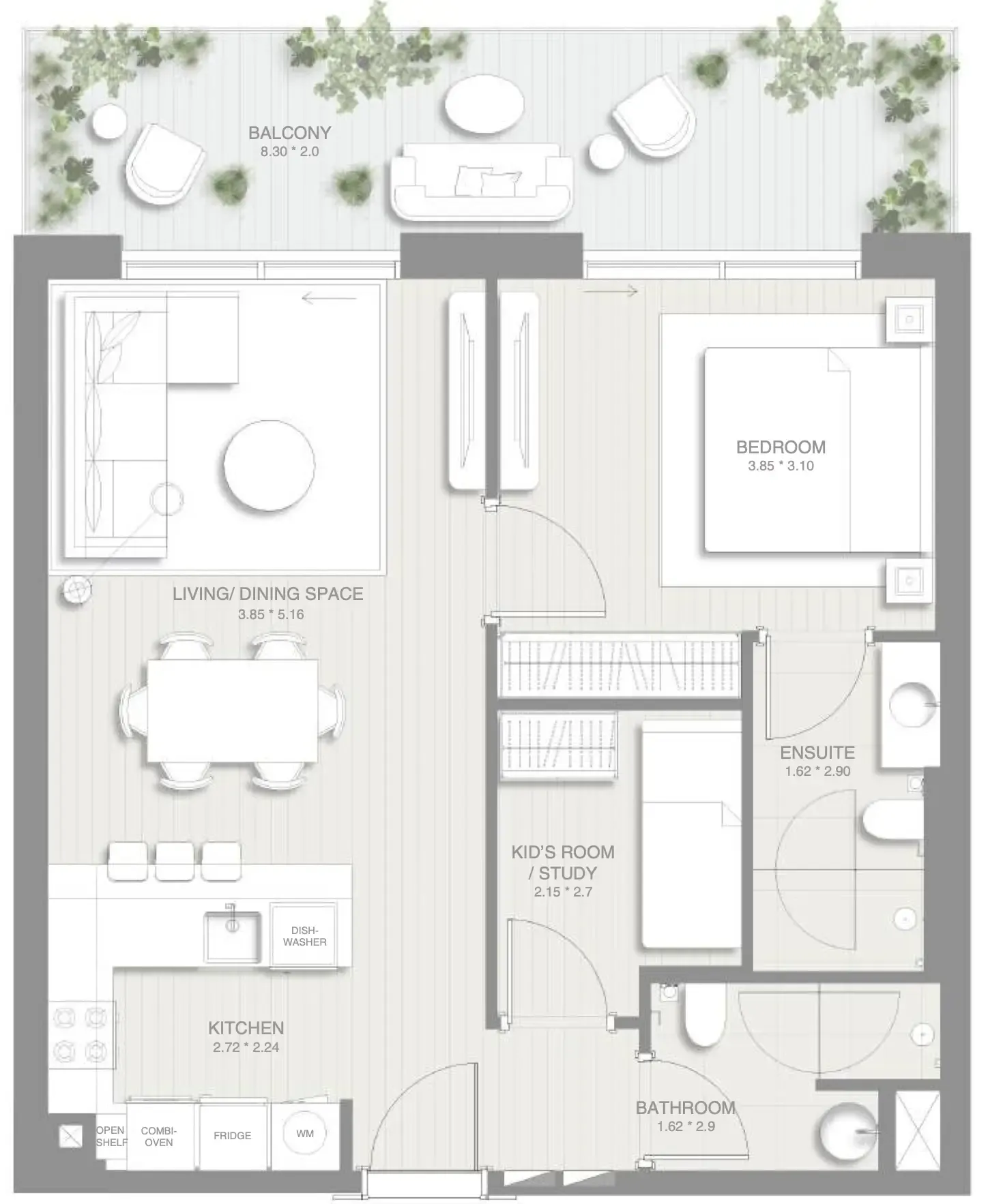 Sol Levante 1 bed floor plan, 891 sqft