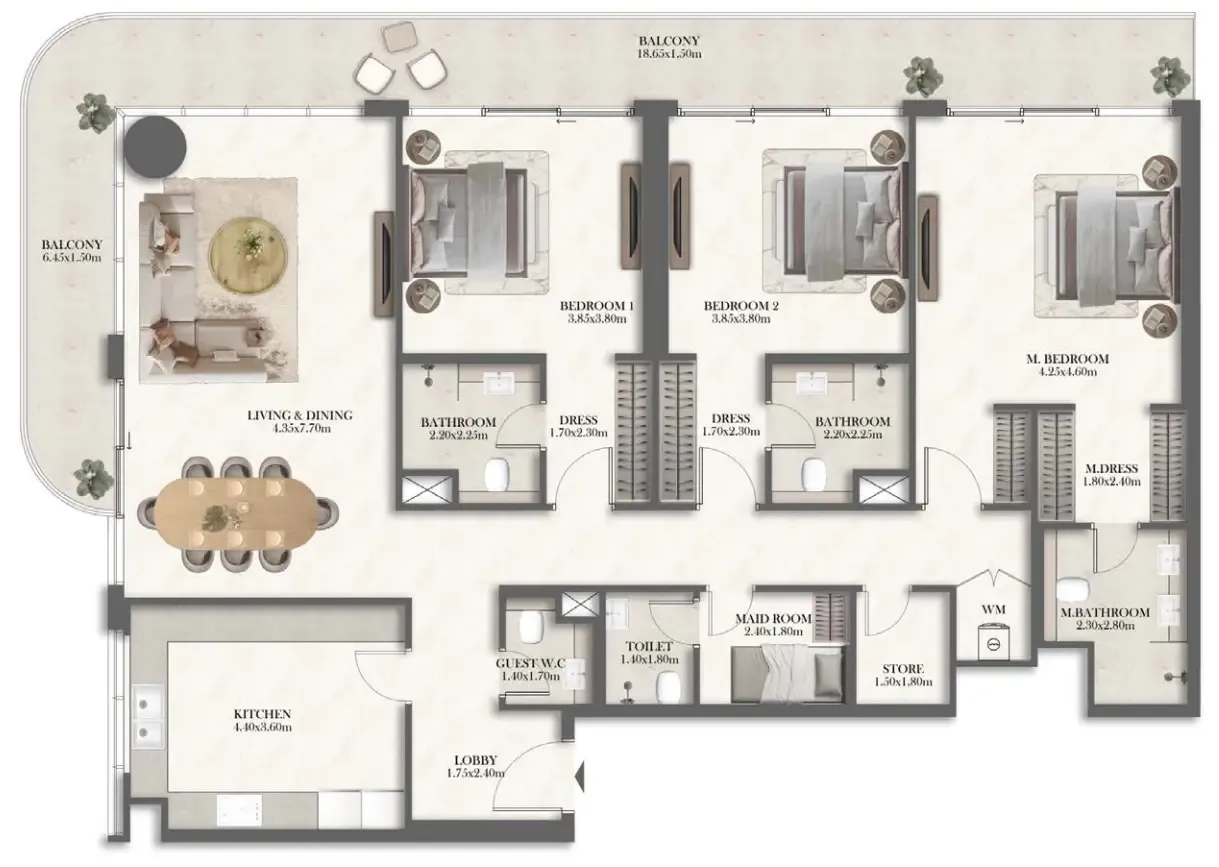 Rotana Residences North Tower 3 bed floor plan, 2,152 – 2,195 sqft