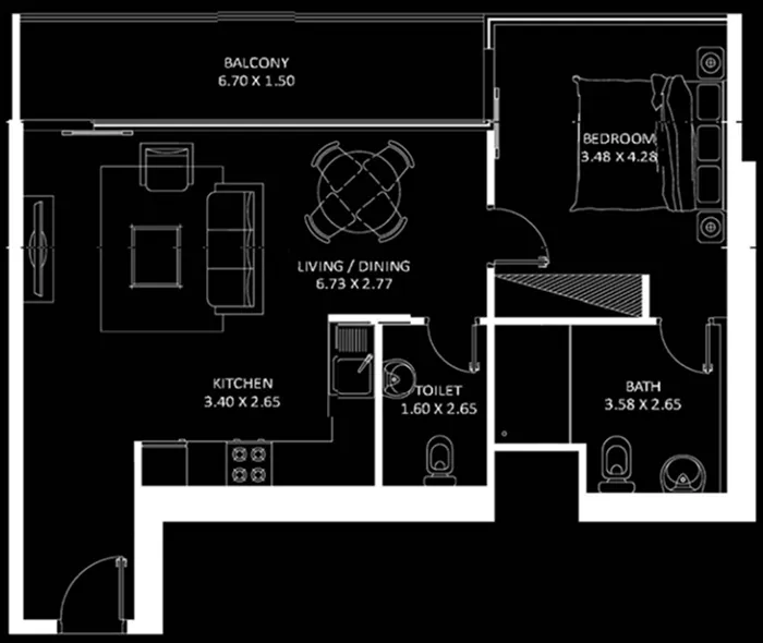 Elitz 1 bed floor plan, 830 sqft