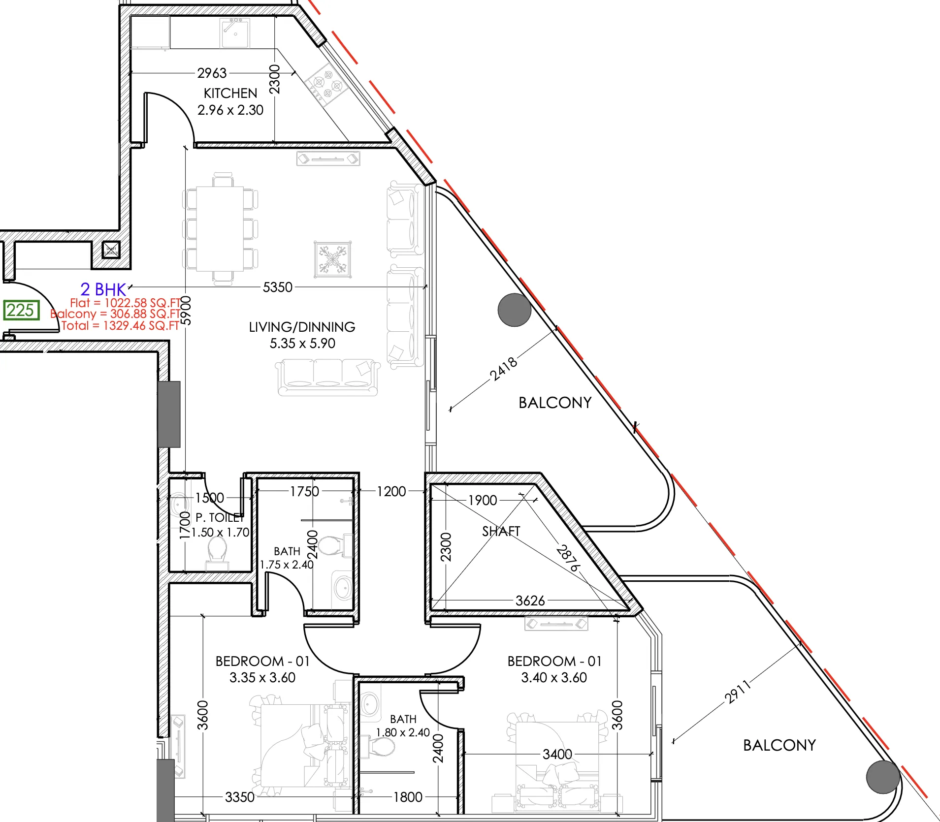 Terra Tower 2 bed floor plan, 1,290 sqft