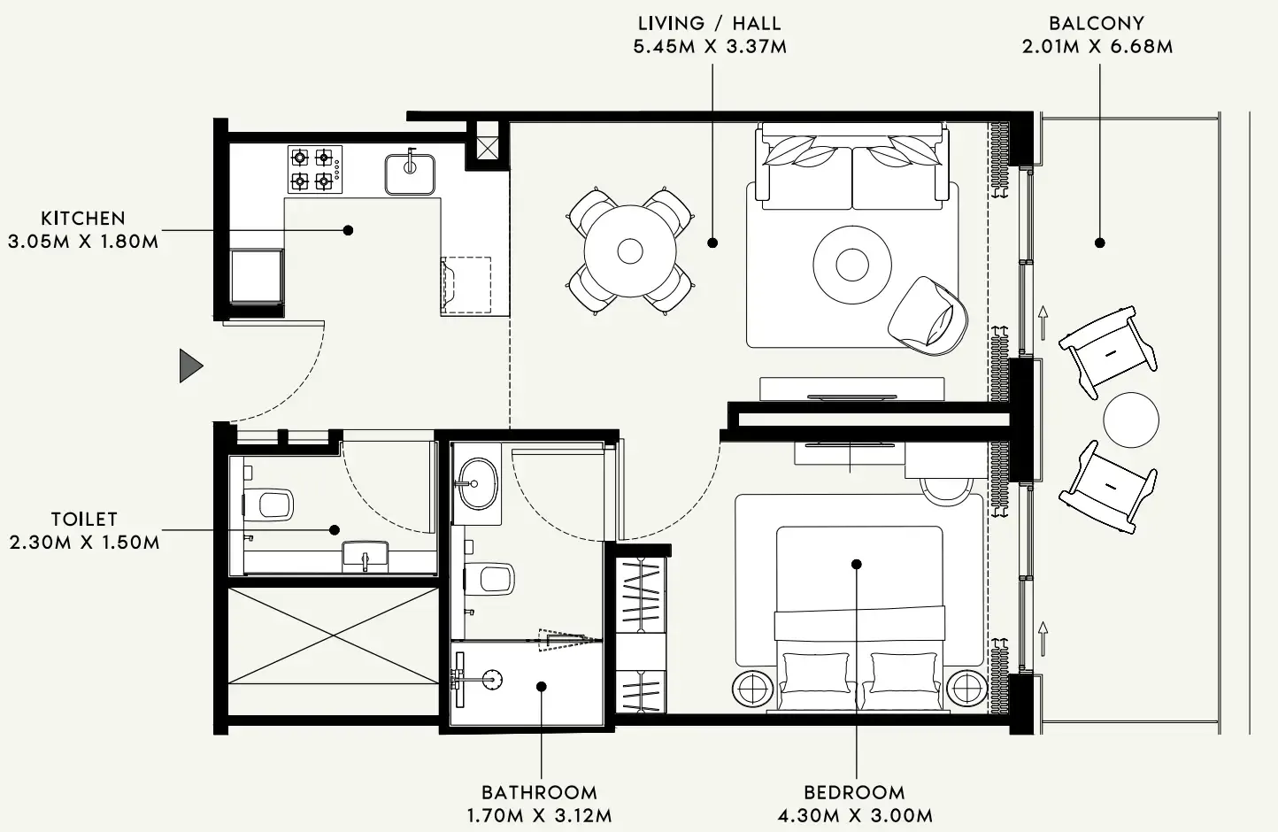 Azizi Venice 1 bed floor plan, 740 sqft