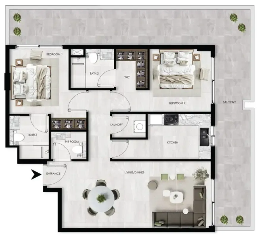 The Willows Residences 2 bed floor plan, 1,405 sqft