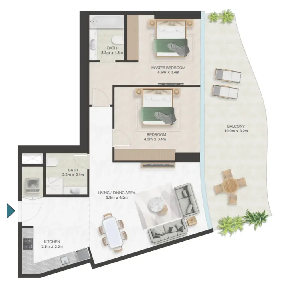 Oystra 2 bed floor plan, 1,362 sqft