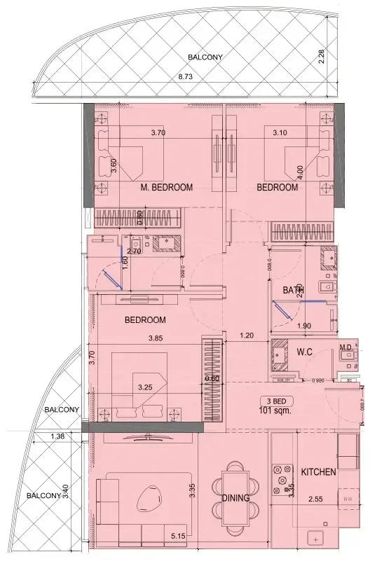 Project Maybach 3 bed floor plan, 1,372 sqft