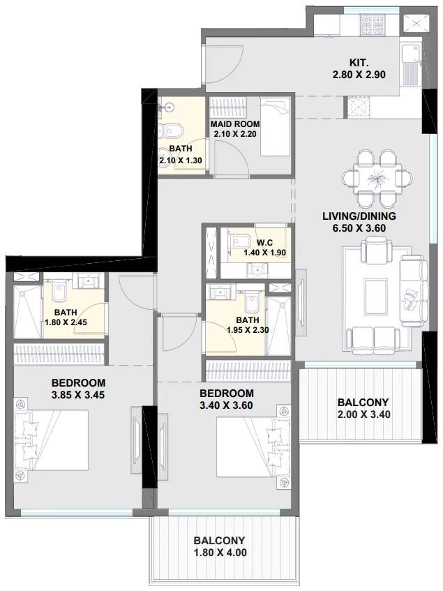 Ayaan Heights 1 2 bed floor plan, 1,296 sqft