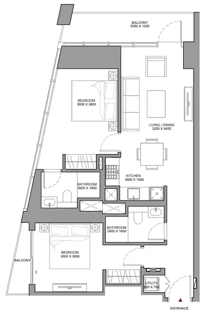 The Horizon at Sobha Central 2 bed floor plan, 957 sqft