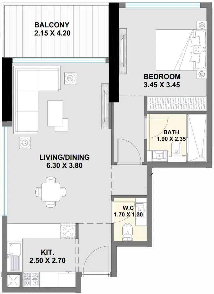 Ayaan Heights 1 1 bed floor plan, 801 sqft