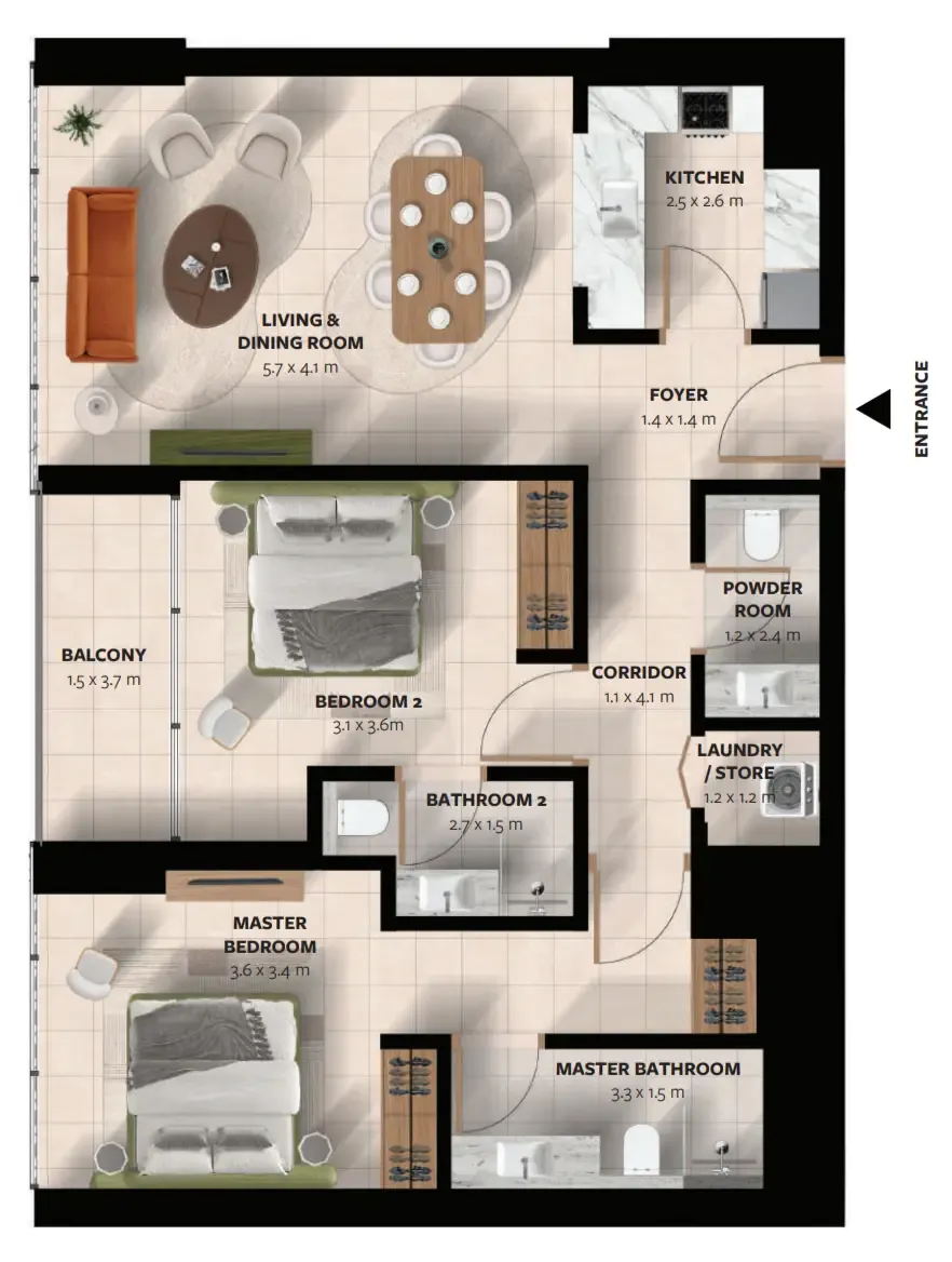 Waada Dubai South 2 bed floor plan, 1,093 sqft