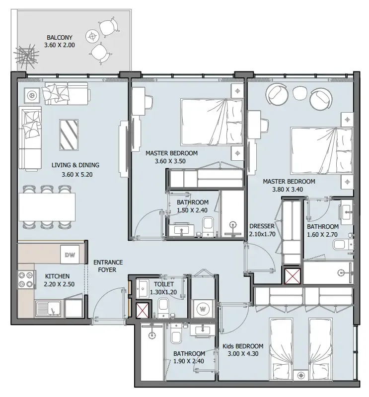 Oceana 3 bed floor plan, 1,184 sqft