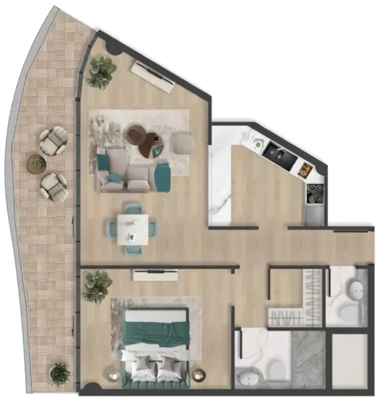 Pelagia 1 bed floor plan, 996 sqft