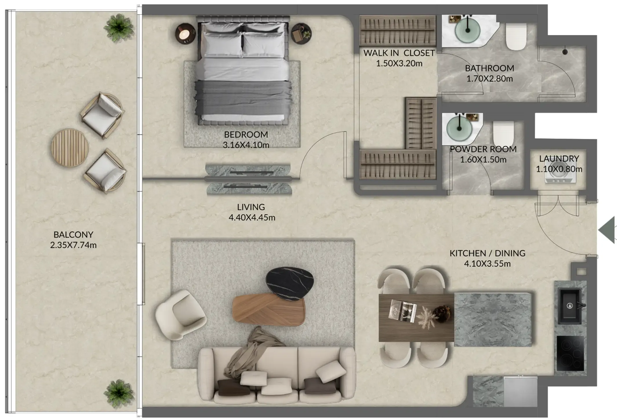 Palazzo Tissoli 1 bed floor plan, 942 sqft