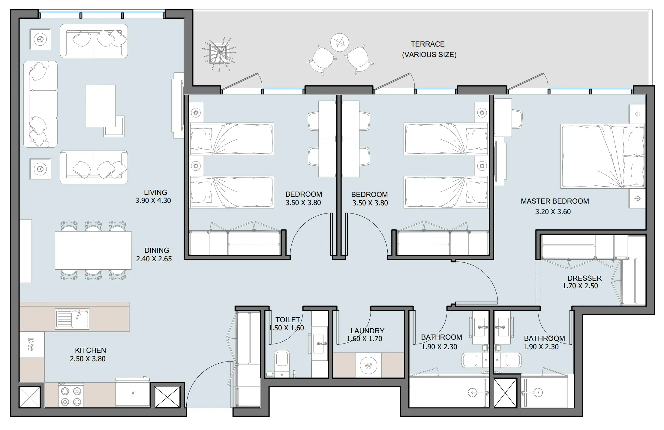 The District 3 bed floor plan, 1,450 sqft
