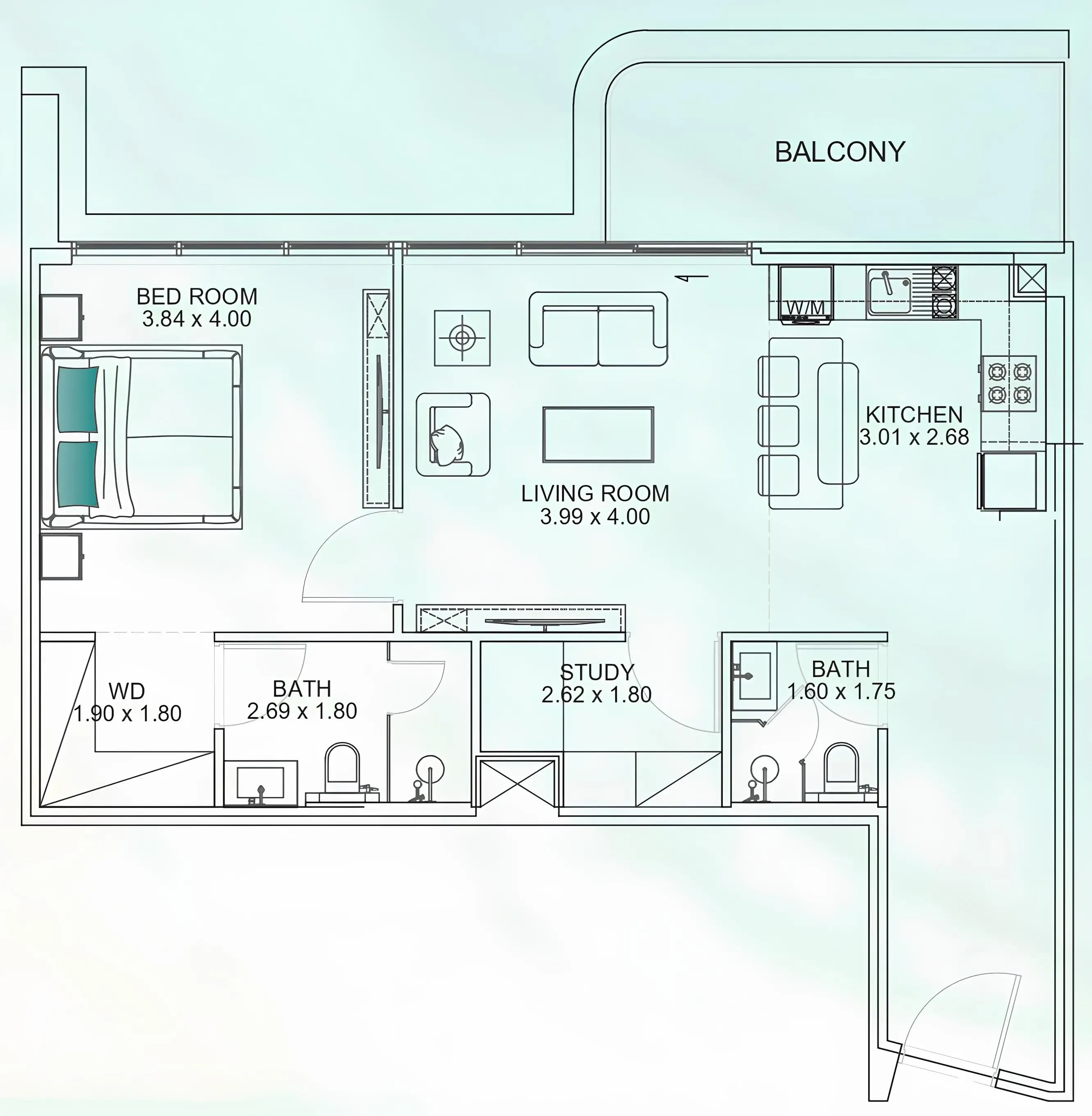 Floarea Breeze 1 bed floor plan, 897 sqft
