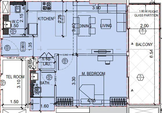 Binghatti Amberhall 1 bed floor plan, 710 sqft