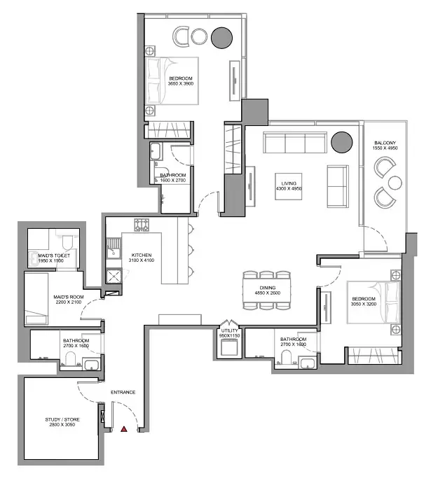 Skyscape 2 bed floor plan, 1,561 – 1,563 sqft