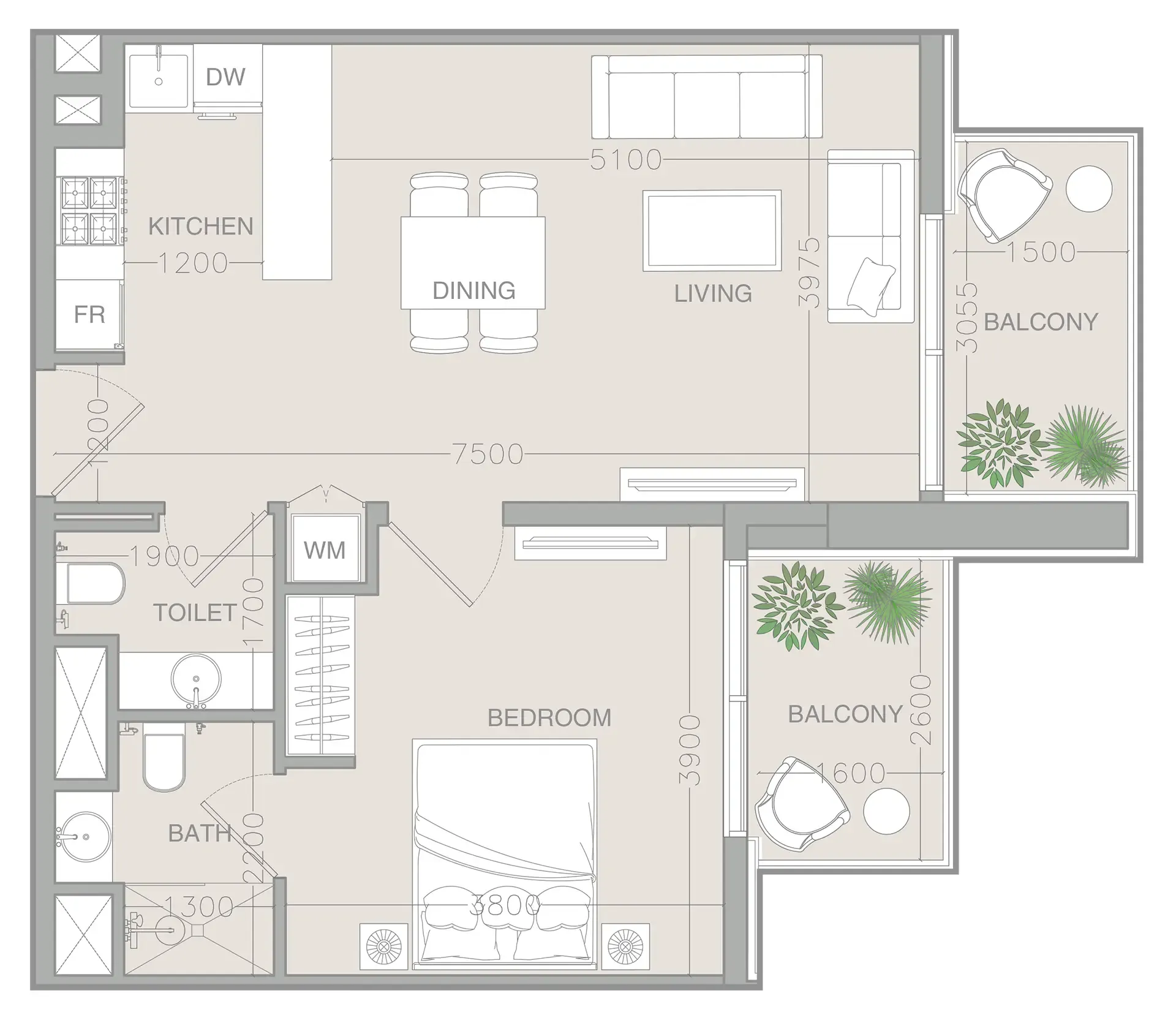 ELAR1S Rise 1 bed floor plan, 713 sqft