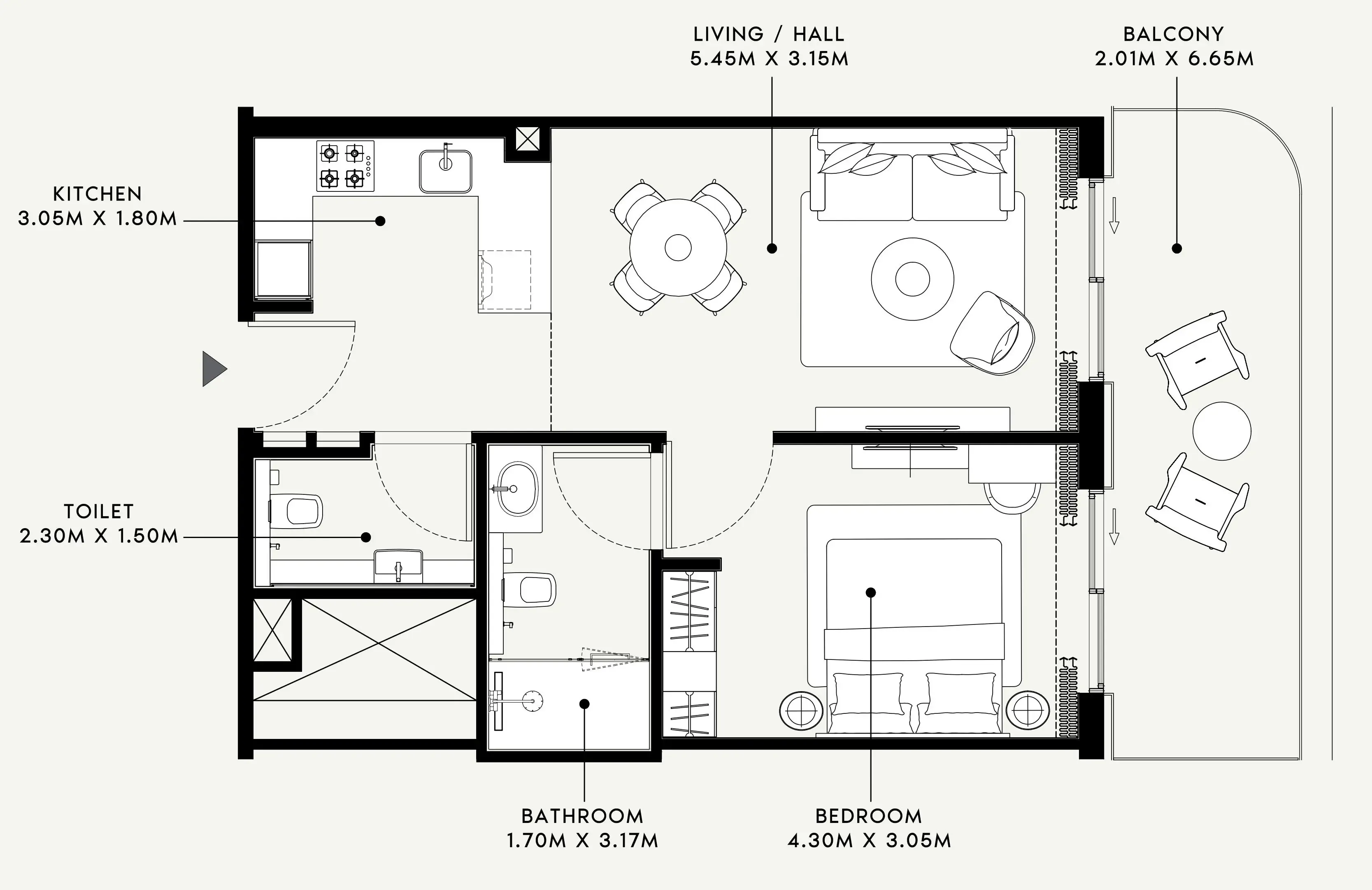 Azizi Venice 1 bed floor plan, 744 sqft