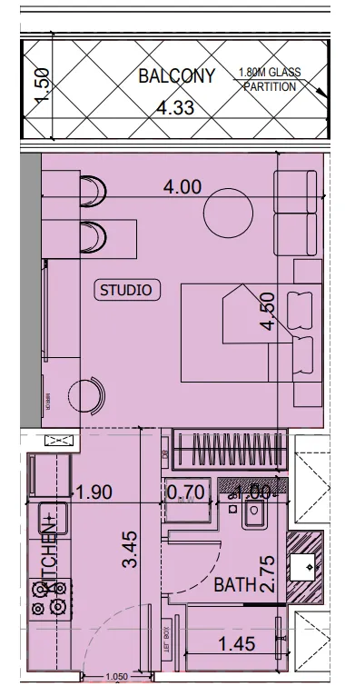 Binghatti Hillviews 1 bed floor plan, 845 sqft