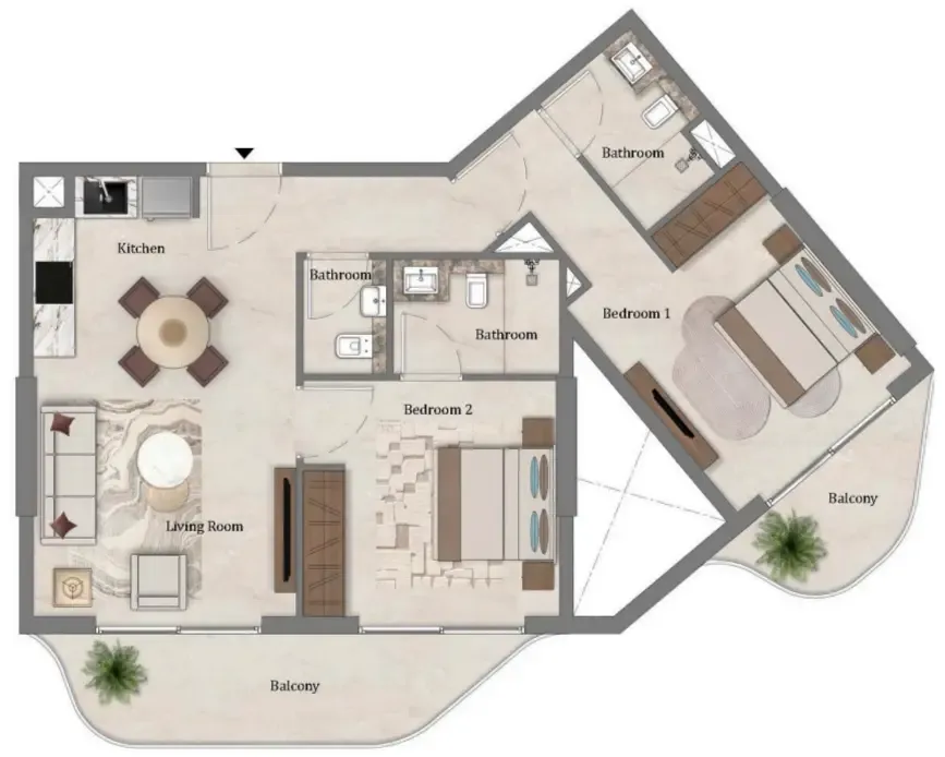 Mirari Lagoon by Zoya 2 bed floor plan, 939 sqft