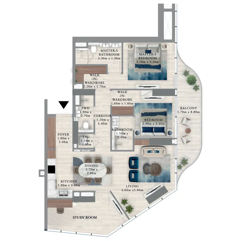 Royal Yacht Club Residence 2 bed floor plan, 1,310 sqft