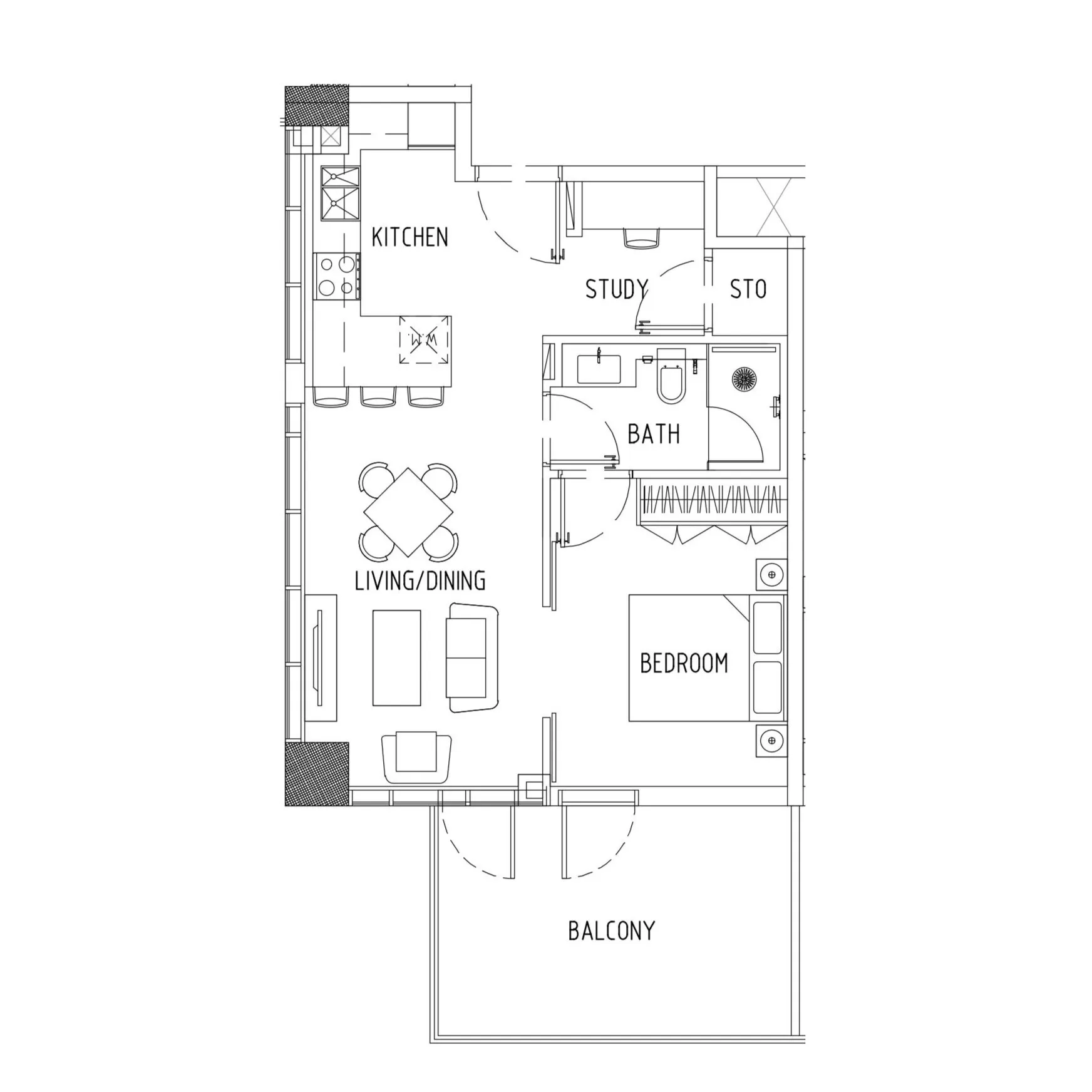 Damac District 1 bed floor plan, 703 sqft